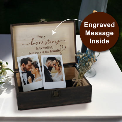 Engraved Wedding Memory Box- Wooden Keepsake Box for Bride & Groom, Letters, Photos, First Anniversary and Valentine’s Day Gift, Personalized Rustic Storage, Medium Size, Dark Walnut - 8.5 x 6 x 3 in