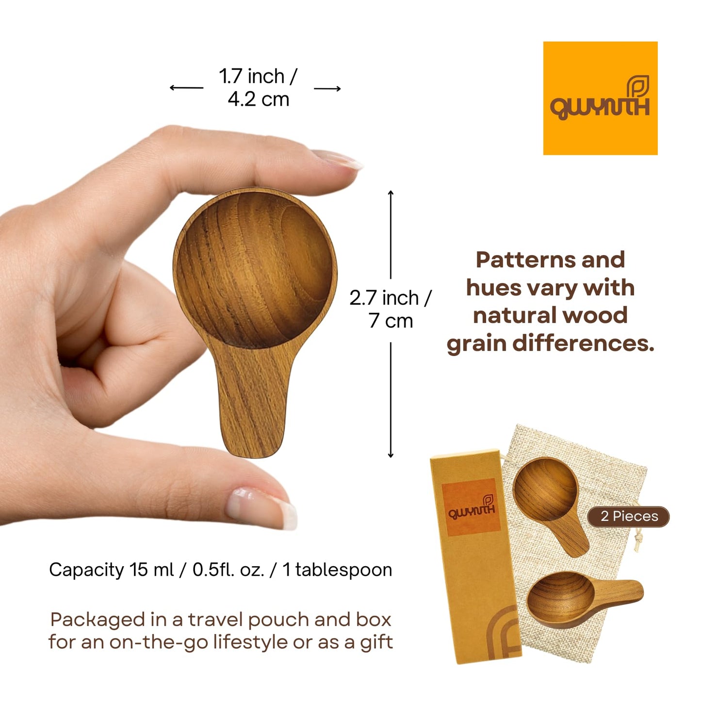 GWYNTH 2 Pieces Small Wooden Spoon, Short Handle Teak Wood Scoops for Coffee Beans Tea Salt Sugar for Spice Jars and Short Containers