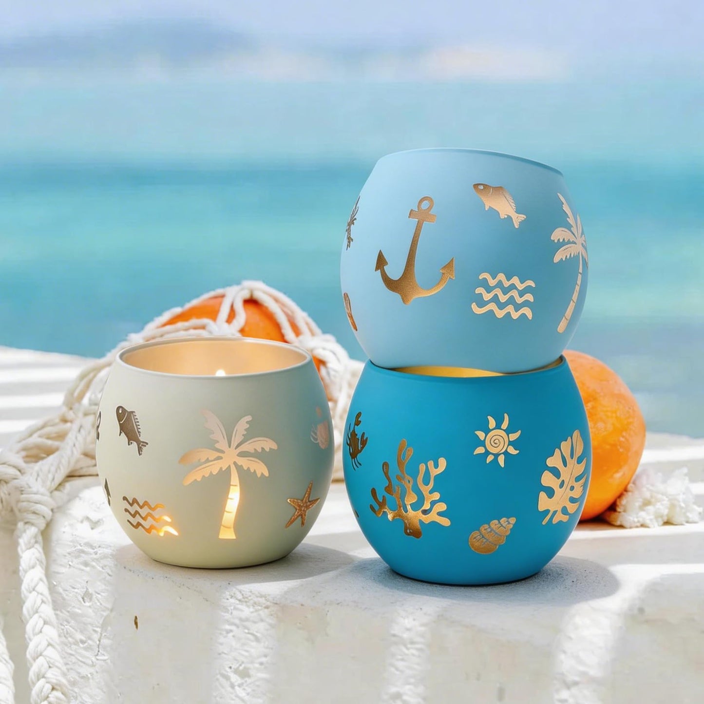 Coastal Ocean Glass Votive Candle Holders Set of 4, Laser Etched Nautical Tealight Holders with Anchor, Palm Tree & Sea Life Patterns, Summer Blue Glass Centerpiece for Home Spa Party Gift
