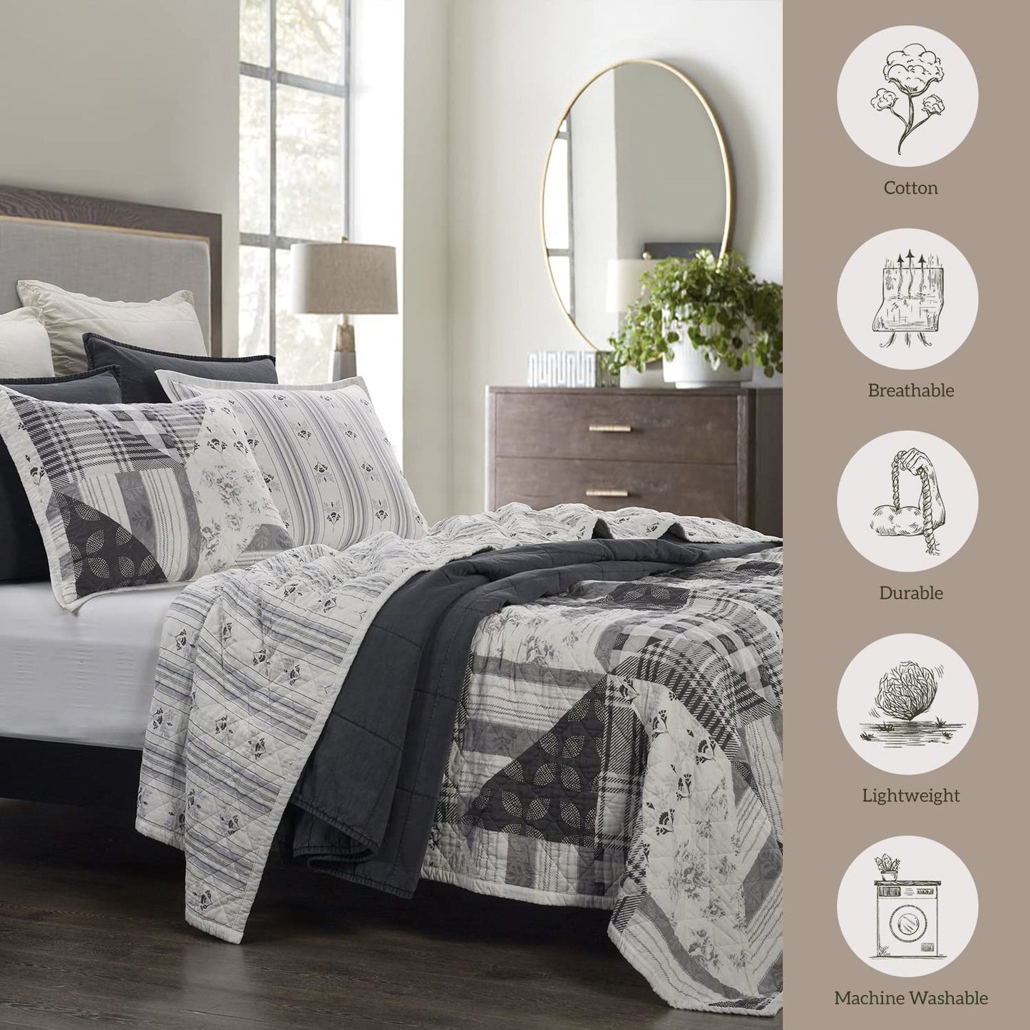 Paseo Road Patchwork Prairie 3 Piece Quilt Set with Pillow Shams, Queen Size, Cotton Reversible Bedding Set Western Farmhouse Style Luxury Bed Set, 1 Quilt, 2 Pillowcase