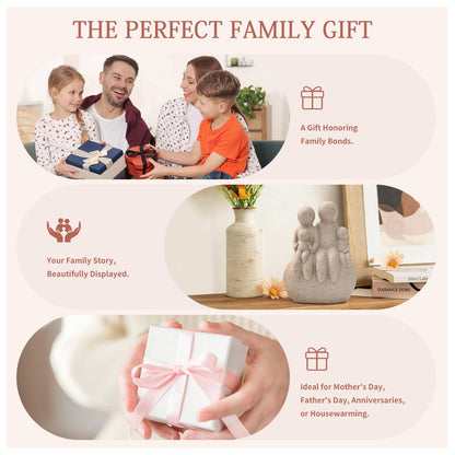UDKKMK Family of Four Resin Statue, Parents and Kids Sitting on Rock Figurine, Home Decor for Shelf Table Office Bedroom, Gift for Mom Dad Or Wife (Sandstone)