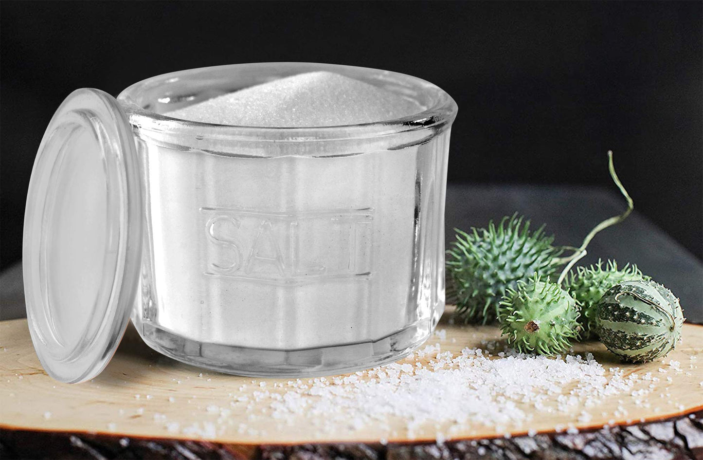 HOME-X Depression Style Clear Glass Salt Cellar with Lid, Retro Kitchen Decor, Wedding Gift - 3 1/2" H x 4" D