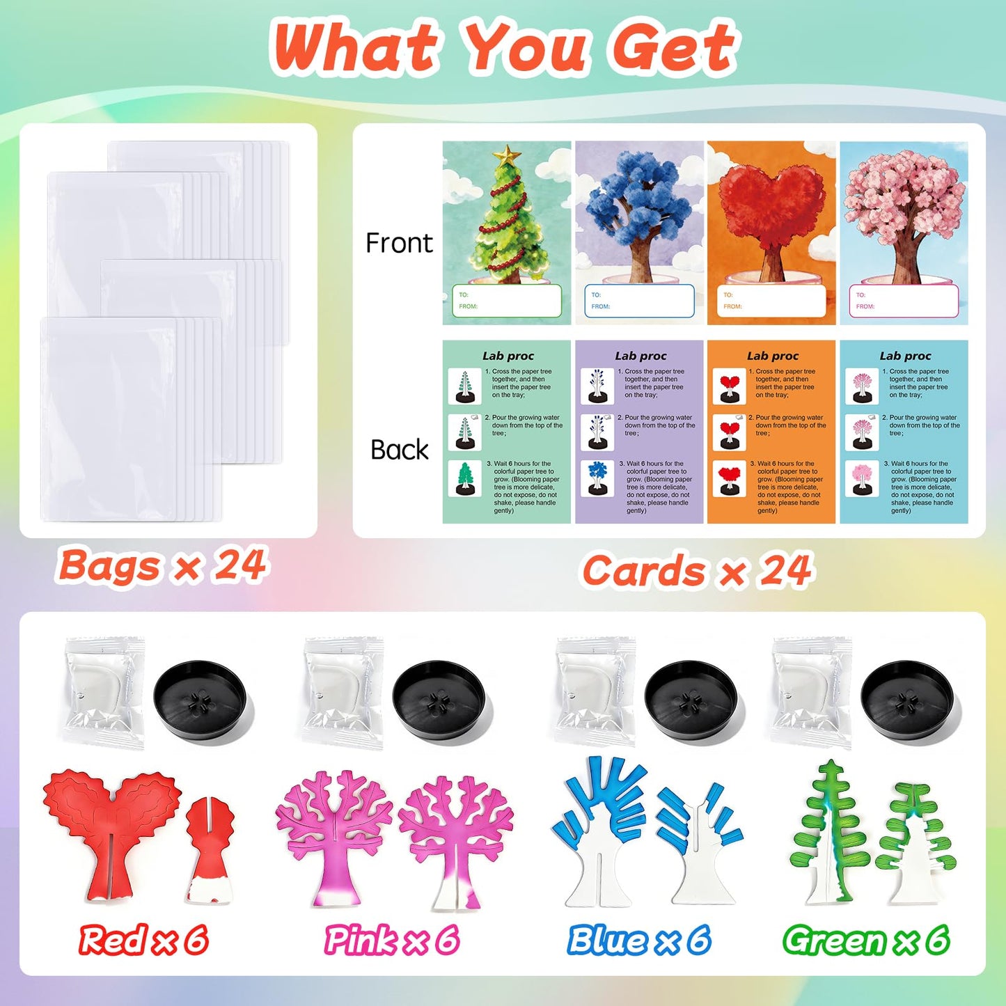 24 Pcs Growing Crystal Trees Bulk with Cards for Kids STEM Science Experiment Kit Party Favors Classroom Prizes Goodie Bags Stuffers Gifts Exchange for Boys and Girls