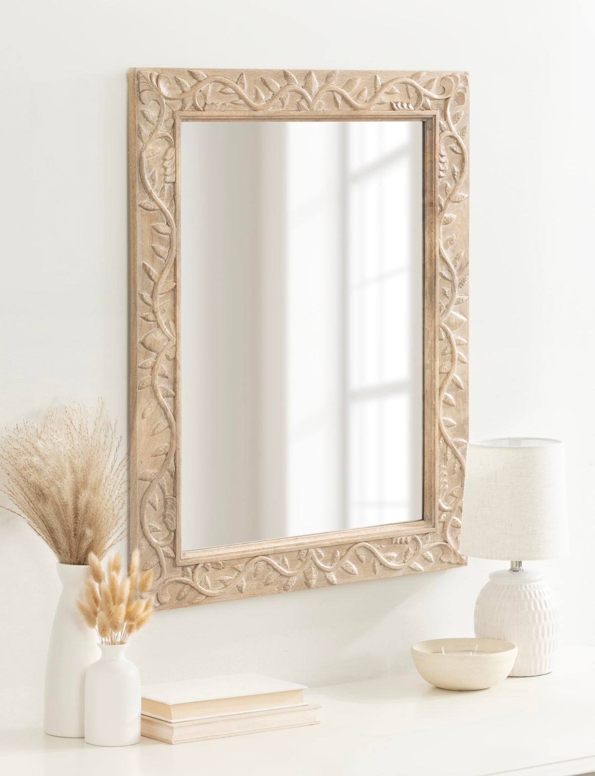 Kate and Laurel Natesa Boho Rectangle Carved Wood Mirror, 24 x 32, Natural Brown, Coastal Light Wooden Rectangular Mirror with Carved Detailing for Use as Bathroom Mirror for Vanity