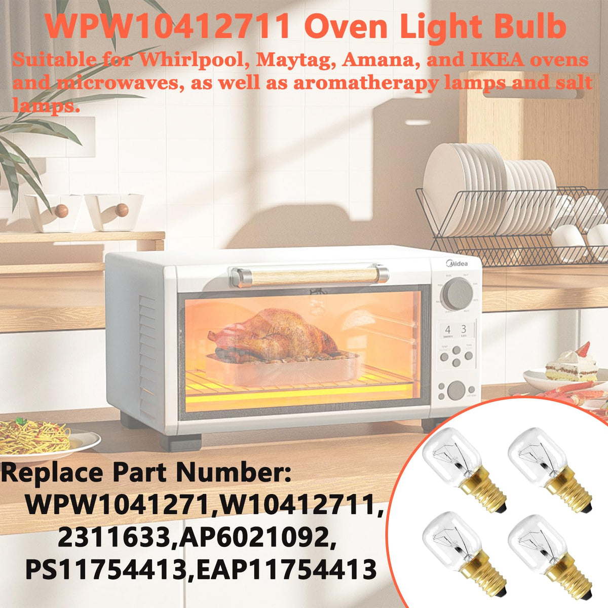4 PCS WPW10412711 Microwave Oven Bulbs, E14 25W 2700K 110V~130V Microwave Bulbs, Suitable for Whirlpool, Maytag, Amana, IKEA AP6021092 PS11754413 EAP11754413 High-Temperature Resistant Bulb 300°C