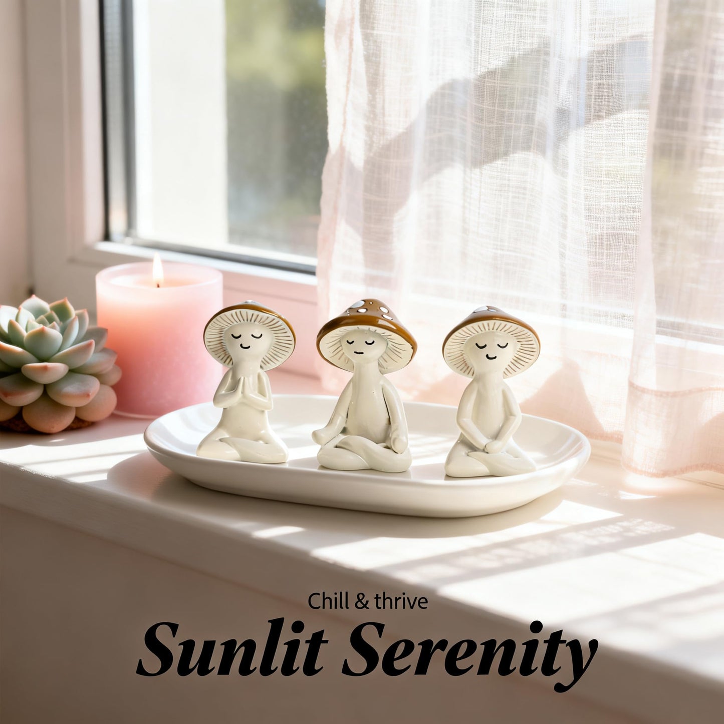 O-FarFarm 3 Pcs Mushroom Decor Figurines - Meditation Decor Statues for Living Room, Bedroom, Office - Resin Sculptures for Mindfulness Enthusiasts Home Decor Lovers Nature Lovers (White-Brown)