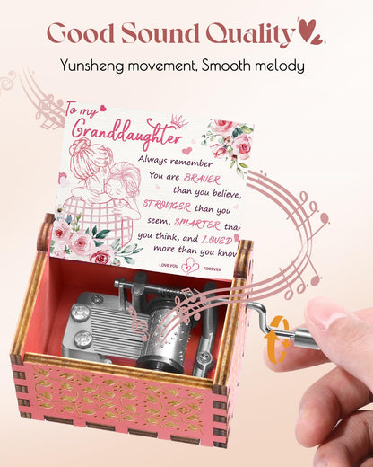 Swooflia Mother's Day Wooden Music Box for Granddaughter - Hand Crank Engraved Musical Box Vintage Mechanism Personalized Gifts for Mom Aunt Daughter Niece Grandma Friend Jesus On Birthday