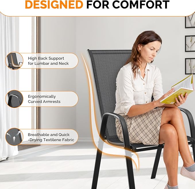 VINGLI Patio Chairs Set of 8 – Stackable Outdoor Dining Chairs with Comfortable Sling High Back Chairs and Armrests for Lawn, Poolside, Courtyard, Balcony, Garden, Black