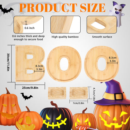 MAGLADY 5Pcs BOO Halloween Charcuterie Board Set, Bamboo Wood Serving Tray Platter with 2 Dipping Saucers Fruit Snack Candy Cupcake Tray Table Decor for Halloween Party