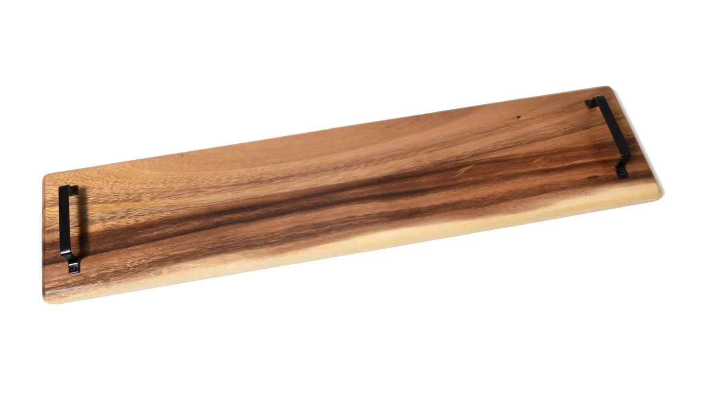 Lipper International 2031 Acacia Wood Serve Board with Black Handles for Cheese, Crackers, and Charcuterie, Rectangular 30" x 7" x 1"