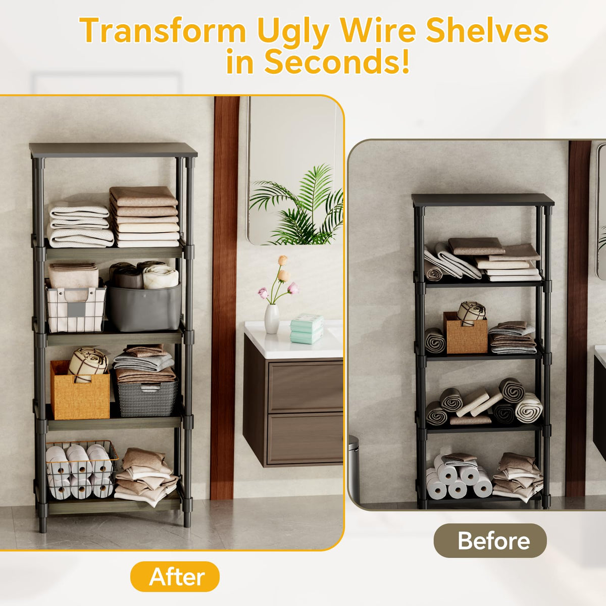 Giklux 4 PCS Wire Rack Covers for Pantry Wood Grain, 24''W * 12''D(Ready to Use) Faux Wood Shelf Covers for Wire Shelving, Rustic Closet Shelves Covering Toppers, for Pantry, Bathroom, Kitchen,(Dark)