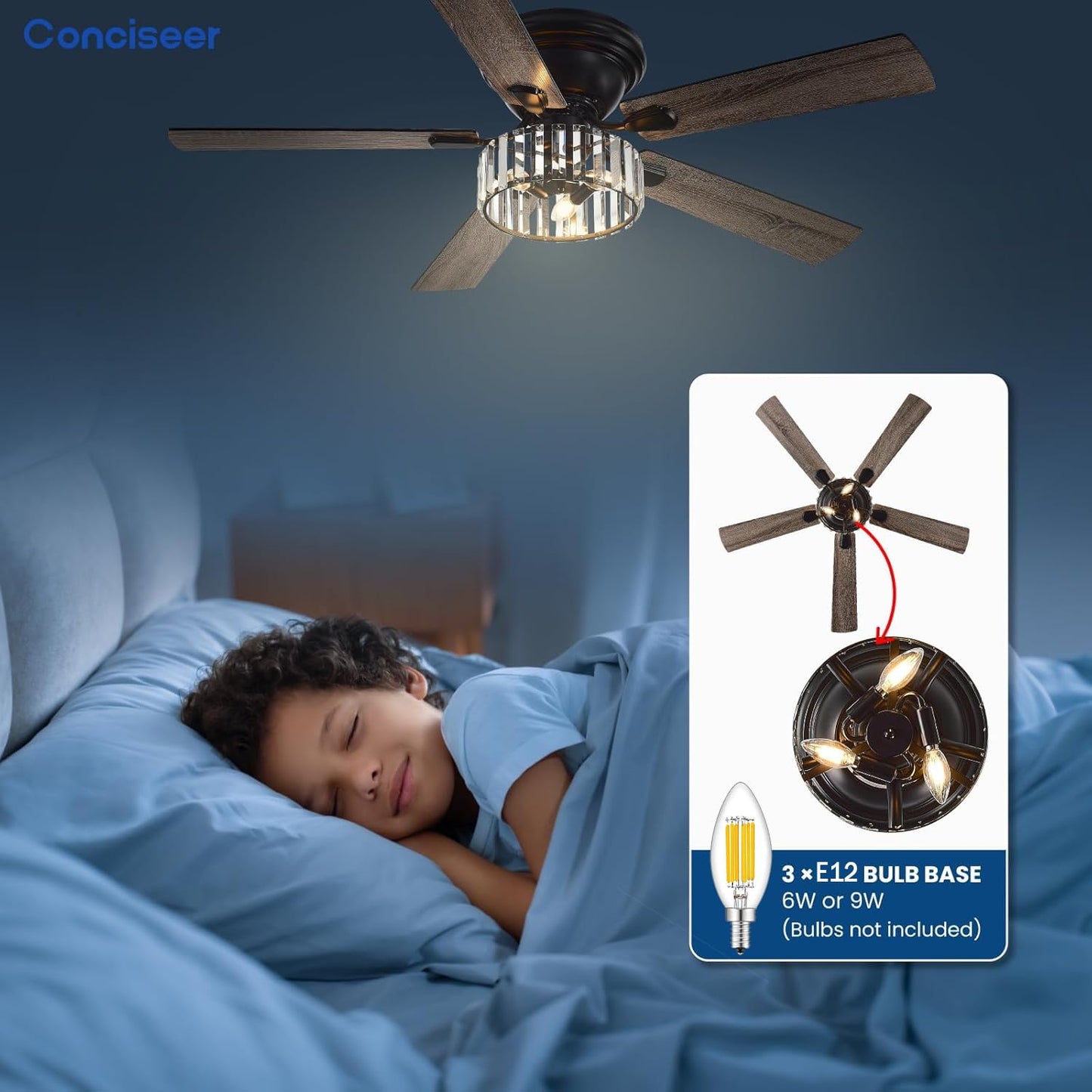 Chandelier Crystal Ceiling Fans with Lights, 52 Inch Chandelier with Light and Remote for Bedroom Living Room Kitchen Office, 3CCT, 5 Blades 6 Speed Reversible Dimmable Quiet DC Motor Burlywood