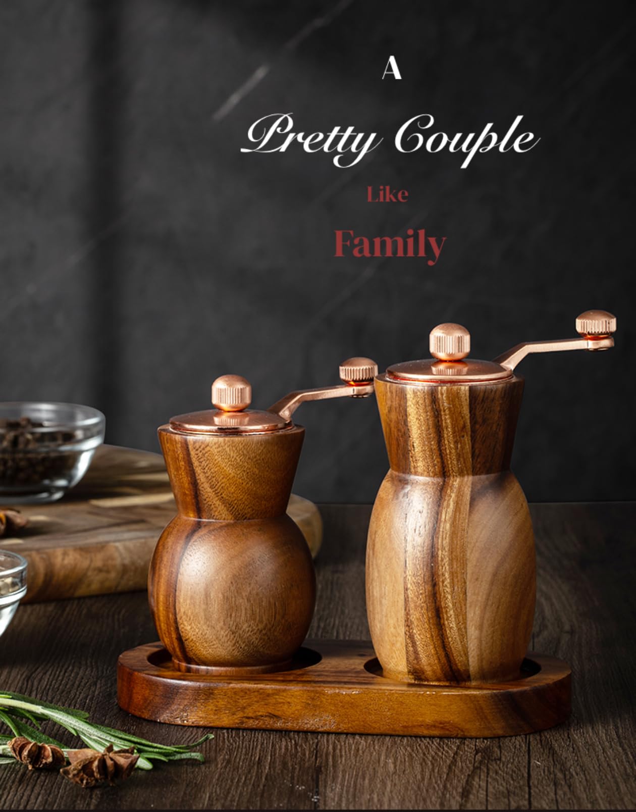 Stelalloy Pepper Grinder Pepper Mill - Salt And Pepper Grinder Set With Holder - Wood Salt and Pepper Shakers - Refillable Manual Spice Mill (3.5" Salt Grinder + 4.5" Pepper Mill)