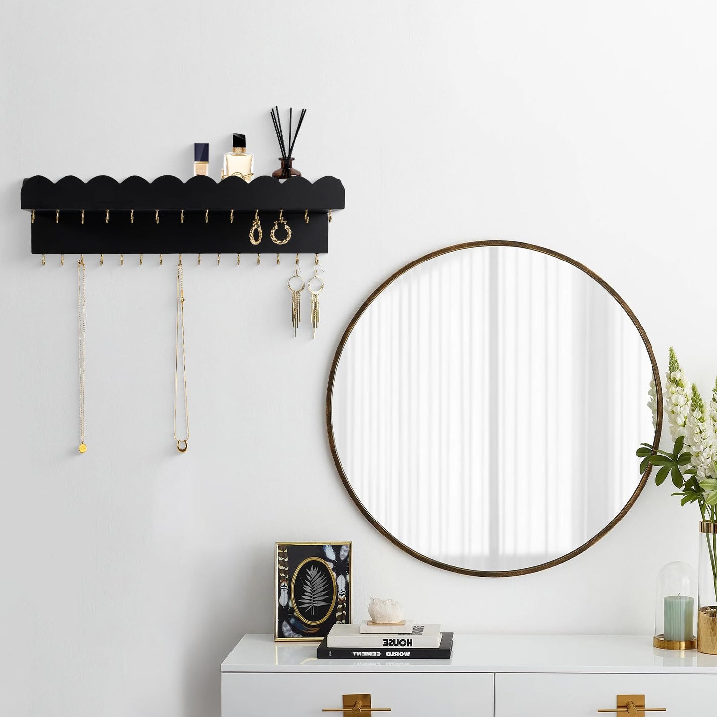 Lampaggio Wall Mount Jewelry Organizer with 28 Hooks and Cosmetics Shelf, Modern Wood Hanging Jewelry Holder for Necklaces, Bracelets, Earrings and Rings, Black