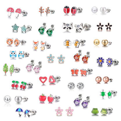 30 Pairs Stainless Steel Mixed Color Cute Animals Fox Heart Star Ladybug Bee Frog Mushroom Tree Daisy Umbrella Rose Gold White Pearl Stud Earrings Set (animal tree pearl)