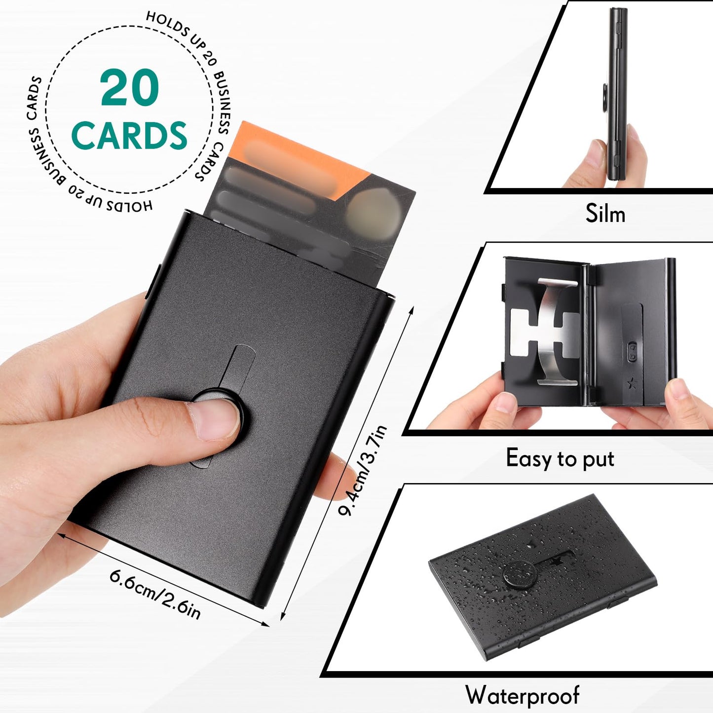 Nuanchu 4 Packs Black Business Card Holder Thumb Drive Business Card Case Metal Slide out Portable name holder Pocket name Case for Men Women Credit ID(Black)