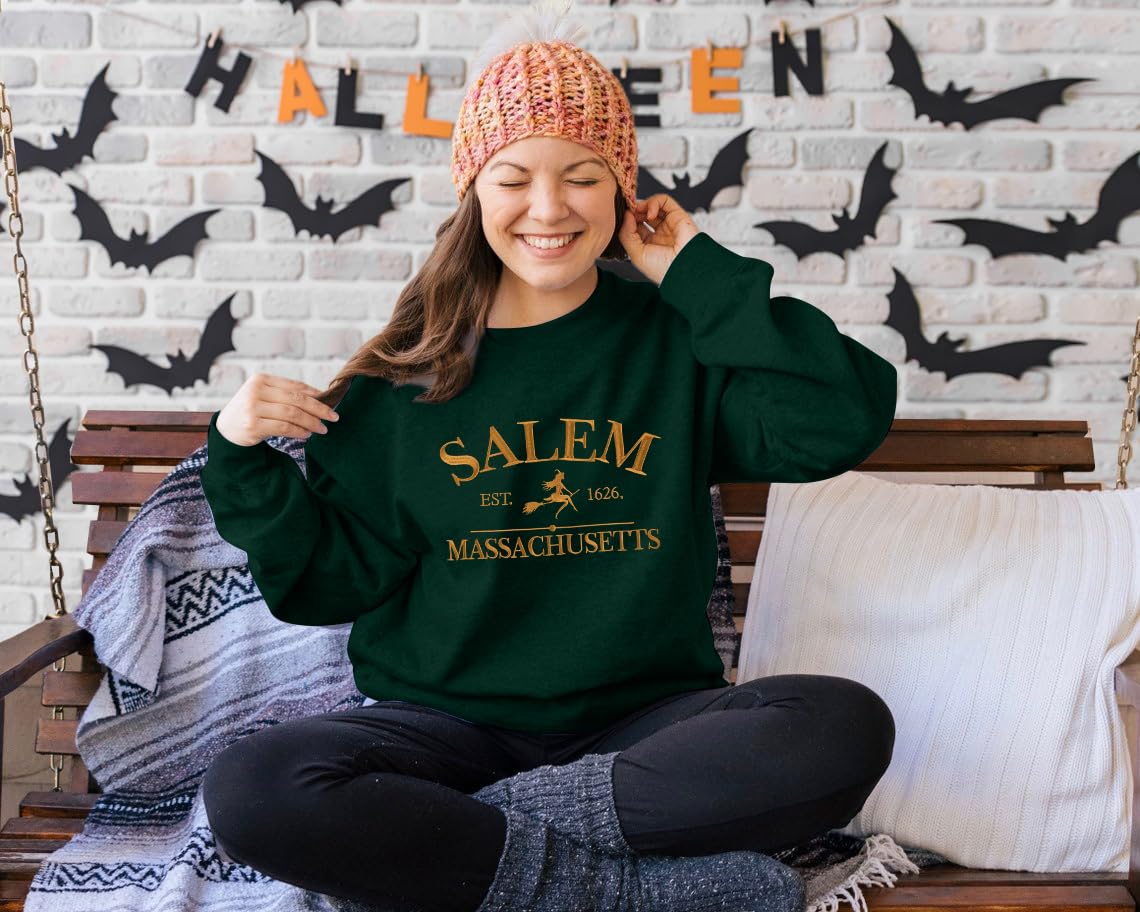 MYHALF Halloween Sweatshirts Women Oversized Salem Massachusetts Shirts Hocus Pocus Tees Tops Fall Holiday Crew Neck Pullover Green