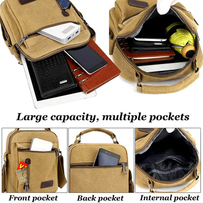 A-QMZL Mens Shoulder Bag Canvas Messenger Bags Travel Crossbody Bag Large Capacity Casual Handbag with Multiple Pockets for Working Shopping Hiking Daily Use (Brown)