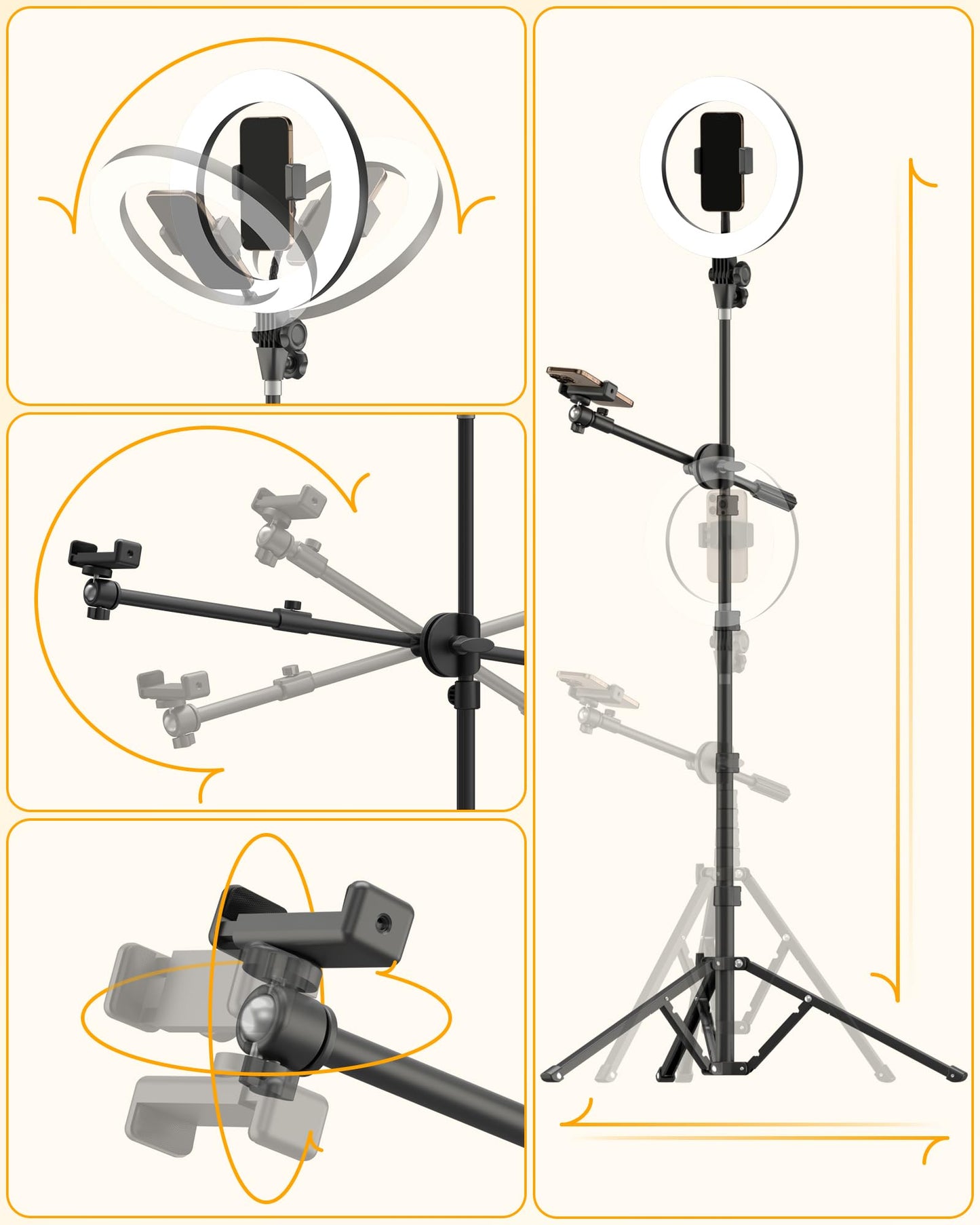 LUXSURE 10.5" Ring Light with Tripod Stand & Phone Holder, Overhead Phone Mount with 2 Shooting Positions, Tripod for iPhone with Ring Light for Video Recording/Live Streaming/Cooking