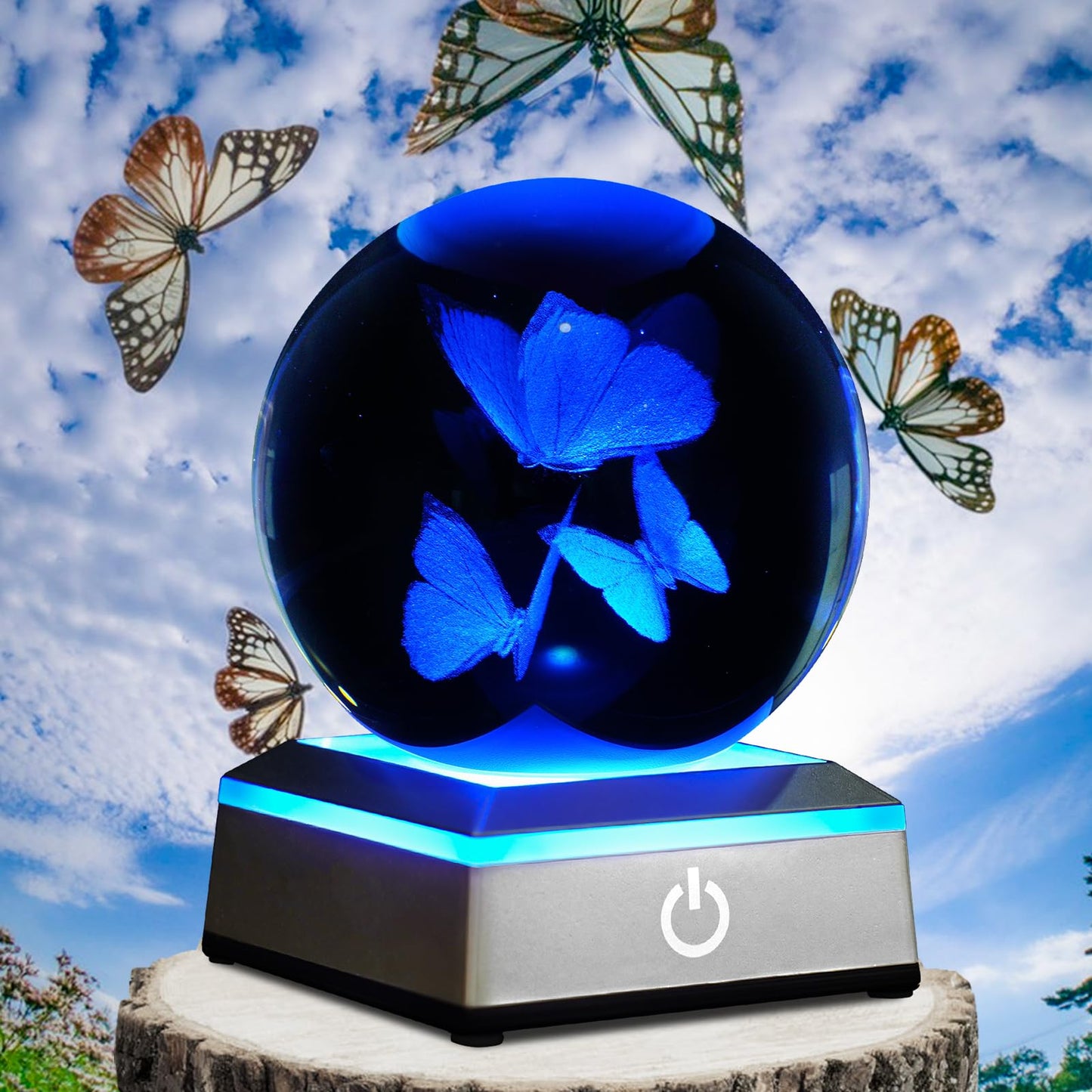 3D Crystal Ball Night Light - 3.15 Inch Butterfly Figurines Glass Ball Table Lamp with Color Changing Touch Base - Butterfly Gifts for Friends, Kids, Women - Christmas, Birthday