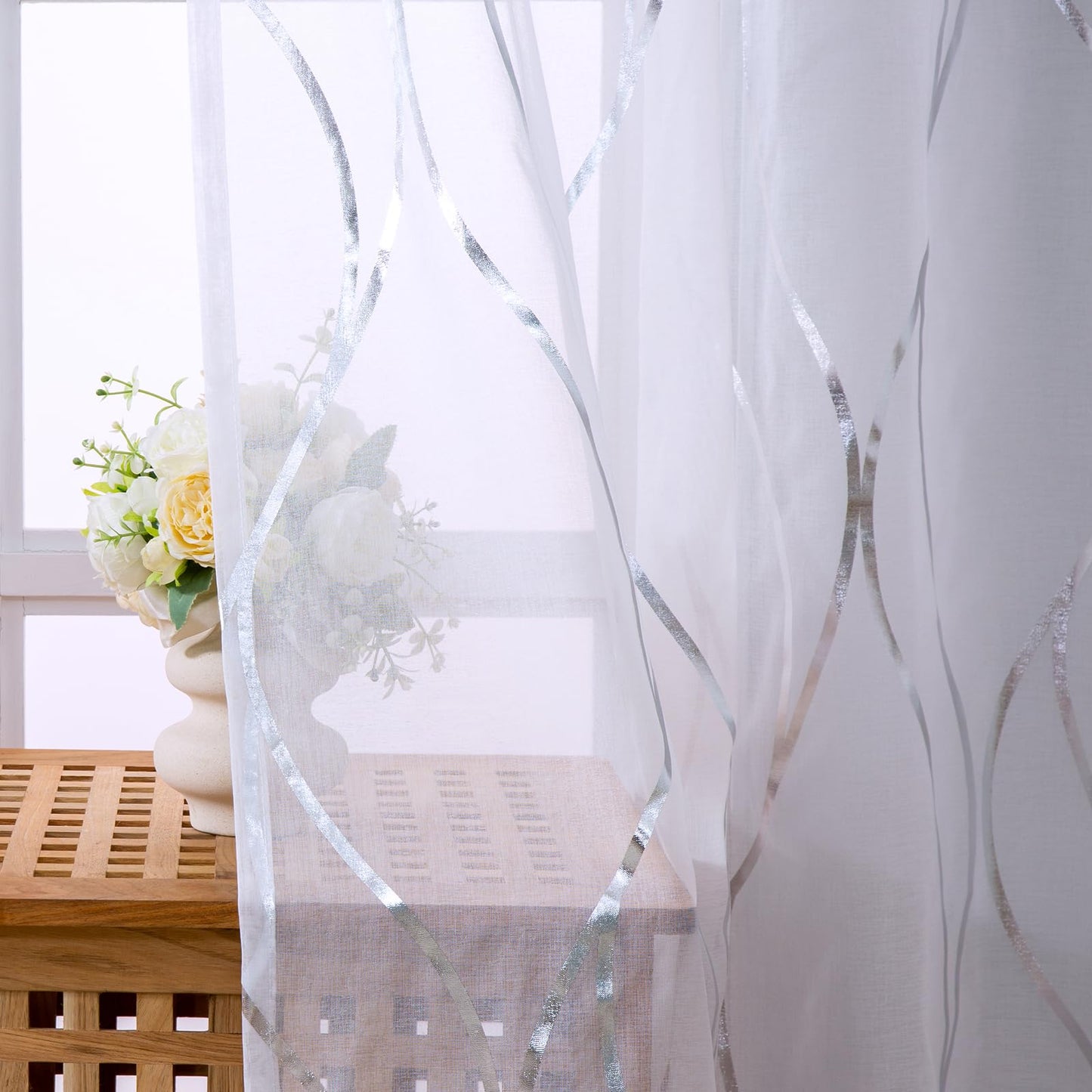 L.Z.E White and Silver Curtains for Living Room, See Through White Sheer Curtains 84 Inches Long 2 Panels Set, Grommet Transparent Window Drapes with Elegant Wave Patterns
