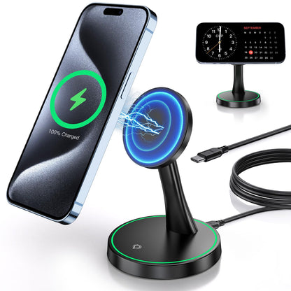Magnetic Wireless Charger Stand 15W Fast Mag-Safe Charger for iPhone 16/16 Pro/16 Plus/16 Pro Max/15/14/13/12 Series Magnet Wireless Charging Station/Pad with Sleep-Friendly Light for AirPods