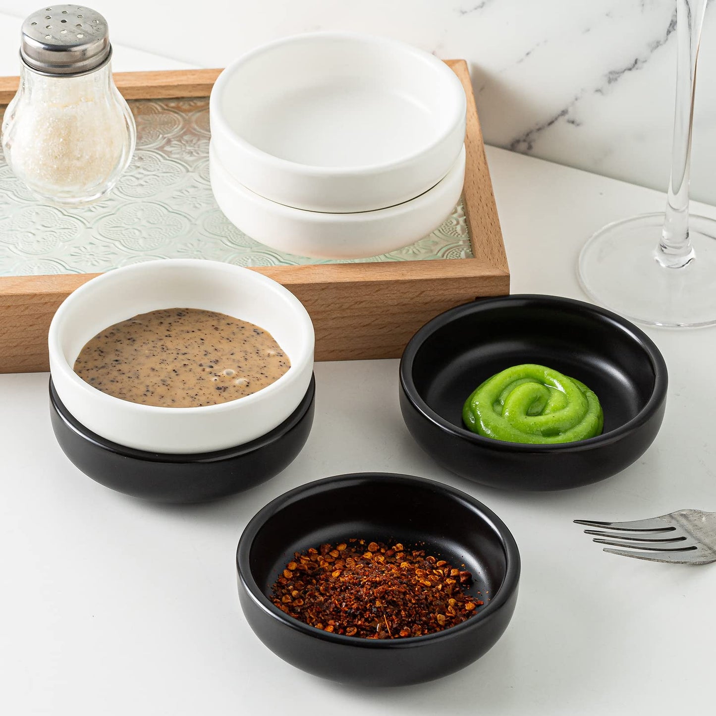 KAMAIDI Dipping Bowls Set, Ceramic Sauce Dishes, 2 oz Soy Sauce Dish, Side Bowls, Small Bowls for BBQ, Condiments, Appetizer, Dessert, Sushi, Set of 6 (White)