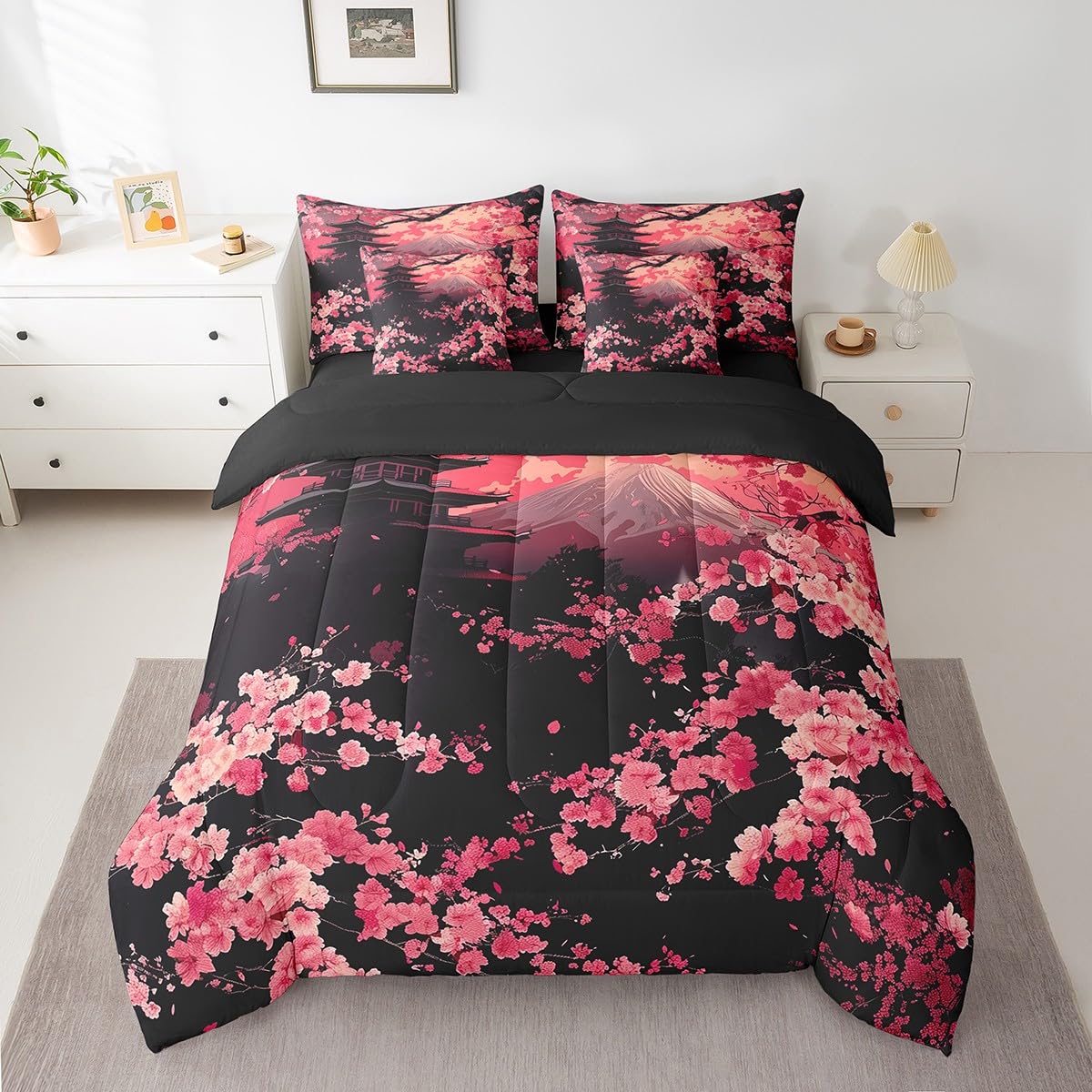 Erosebridal Pink Cherry Blossom Queen Comforter Set with Sheets,Oriental Japanese Style Bedding Set for Kids Adults,Mountain Scene Bed Set with Fitted+Flat Sheet,Pillowcases,Throw Pillow Covers