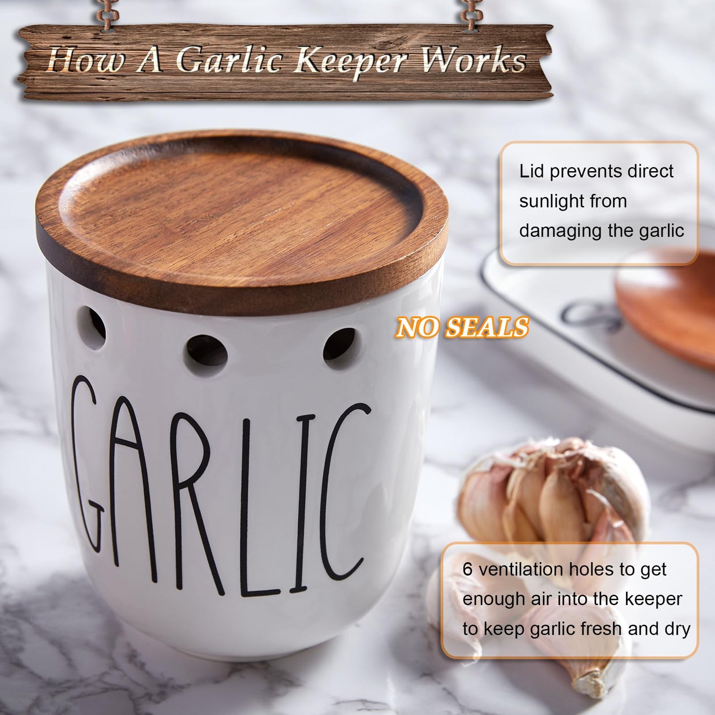 DAYYET Garlic Keeper for Counter, Ceramic Garlic Keeper with Non-Sealed Acacia Wood Lid, Garlic Holder Storage Container to Keep Your Garlic Cloves Fresh Longer, Garlic Saver for Kitchen, White