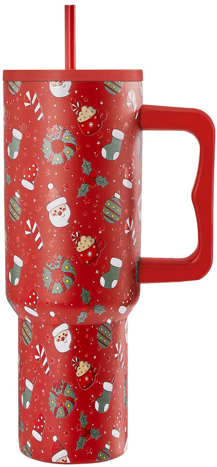 40 oz Christmas Insulated Tumbler with Handle and lid, Vacuum Triple Walled Stainless Steel Travel Mug, Fits for car Cup Holder, Leak Proof, Keep Beverages Cold for 34 Hours (Red Christmas Stars)