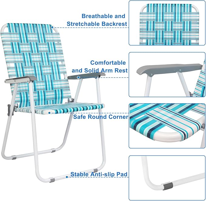 VINGLI Patio Lawn Webbed Folding Chairs Set of 4, Outdoor Beach Chair Portable Dining Chair for Outdoor Yard, Garden (White & Blue, Classic)