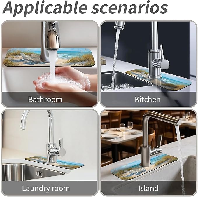 Kitchen Sink Splash Guard，Beach-scene Faucet Mat Sink Gadgets-Super Absorbent