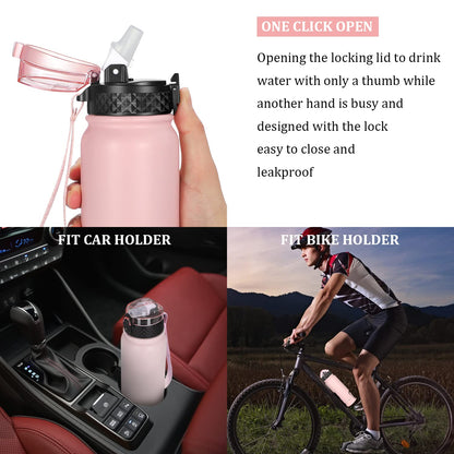 GOPPUS 600ml/20oz Stainless Water Bottle with Straw Double Wall Insulated Bottles with Strap Reusable Vacuum Thermal Flask Leakproof Keep Cold Drinks Bottles with Flip Top Lid for Men Women BPA Free