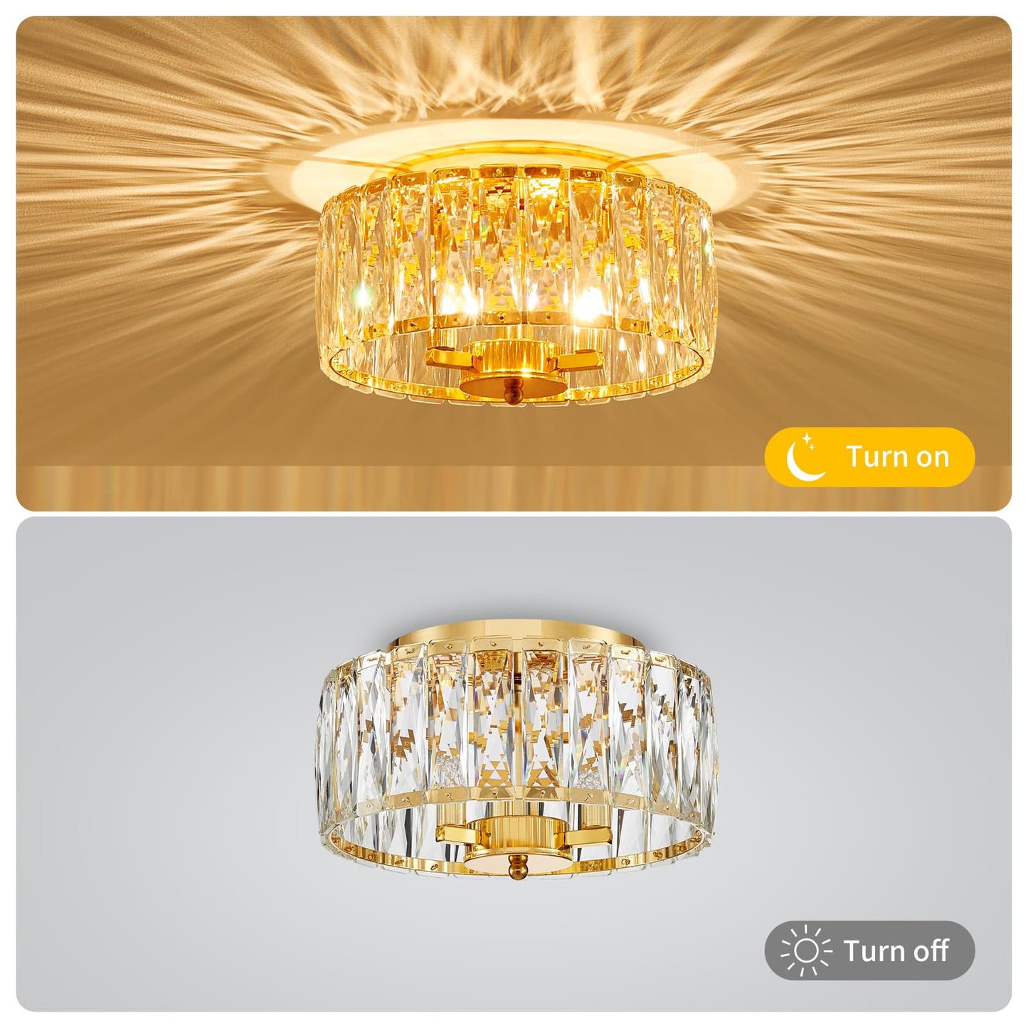 ElegLumi Crystal Ceiling Light, 3-Light Modern Flushmount Ceiling Light for Living Room, Dinning Room Hallway, D12xH9inch, Gold Finish Frame & K9 Crystal