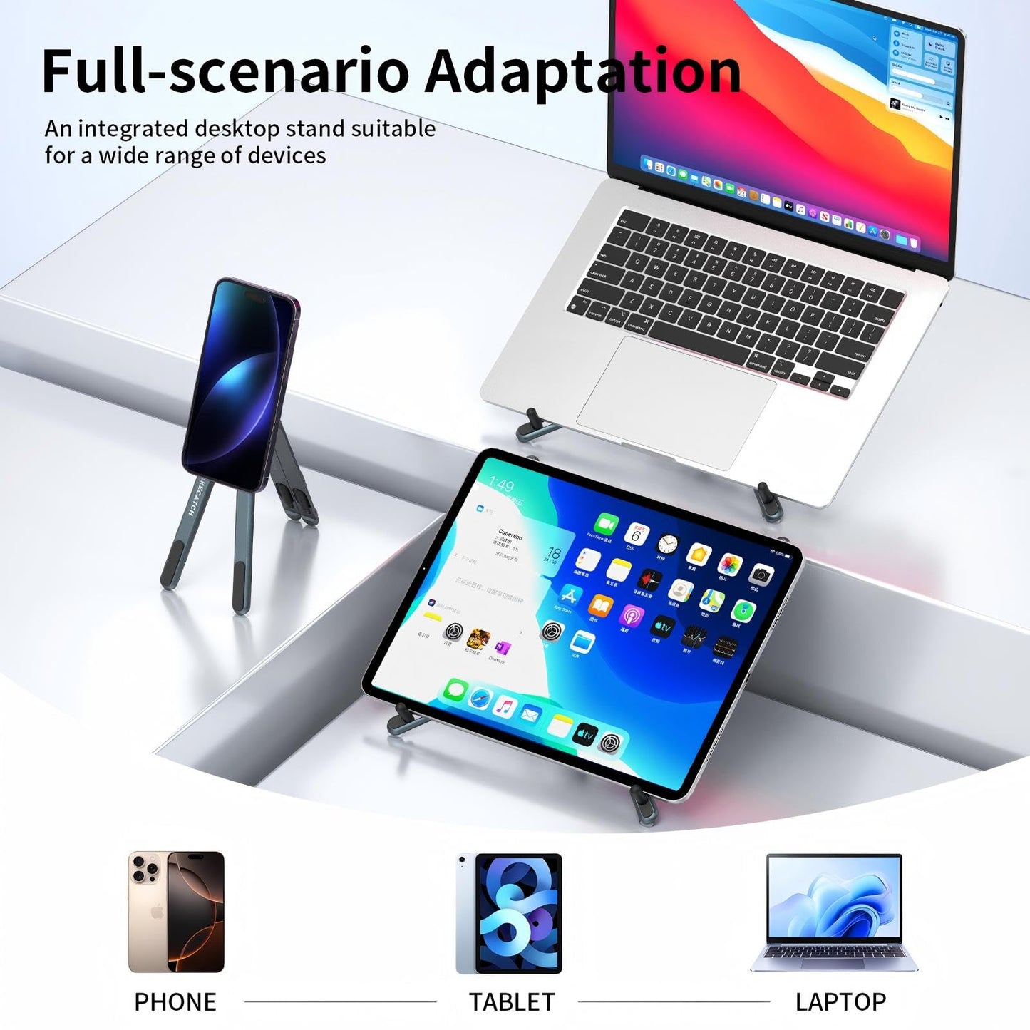 Adjustable Laptop Stand for Desk with Magnetic Phone Holder, MagSafe Compatible Portable Foldable Computer Riser for MacBook, iPhone, iPad, Tablet - Perfect for Office, Home, Traveling (black)