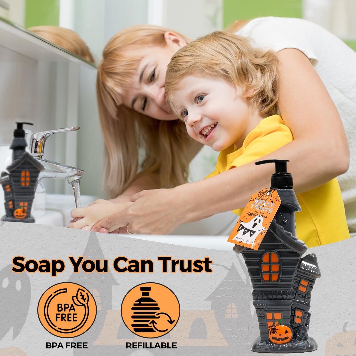 Simple Pleasures Haunted House Scented Liquid Hand Soap Dispenser - Autumn & Halloween Novelty Décor – Decorative Refillable Hand Pump for Kitchen Countertop and Bathroom Sink