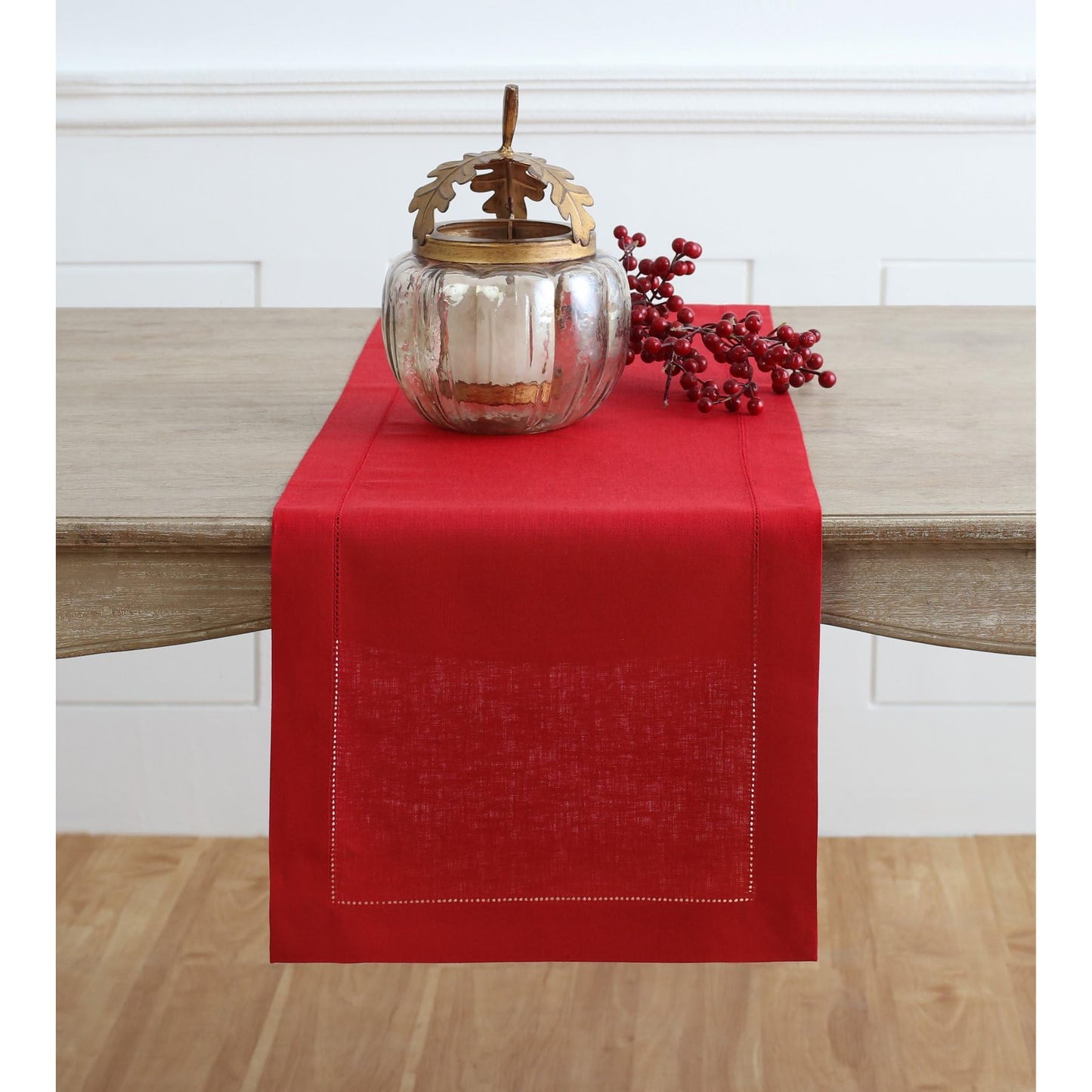 Solino Home Linen Red Table Runner 36 Inches - Classic Hemstitch, 100% Pure Linen Coffee Table Runner 14 x 36 Inch Ideal for Dresser Tables - Christmas, Holiday, Winter, New Year