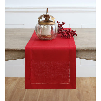 Solino Home Linen Red Table Runner 36 Inches - Classic Hemstitch, 100% Pure Linen Coffee Table Runner 14 x 36 Inch Ideal for Dresser Tables - Christmas, Holiday, Winter, New Year