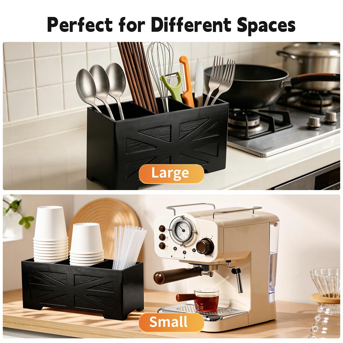 PEKER Wooden Utensil Holder, Black Kitchen Countertop Organizer with Removable Divider, 3 Compartments Pine Wood Utensil Crock with Drainage Hole & Non-Slip Base, 2 Pack