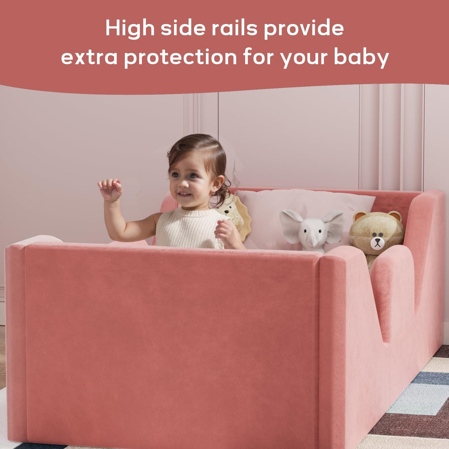 COSYSUPER Toddler Bed, Toddler Flood Bed with Extra Safety Broad, Standard Crib Size for Kids, Certified Fabric Toddler Beds, Pink
