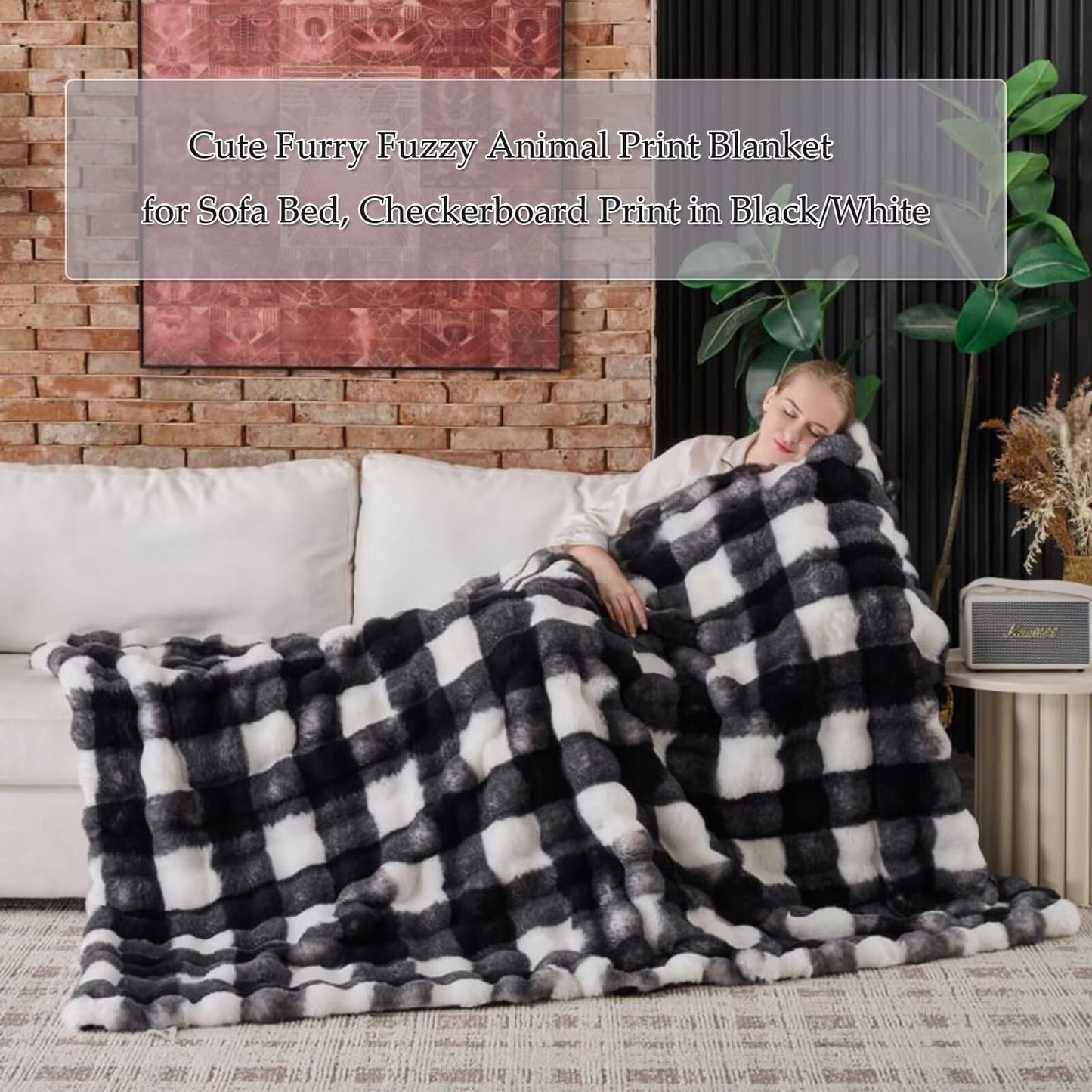 760GSM Faux Rabbit Faux Fur Throw Blanket,Super Thick Warm Bubble Blanket Throw,Fuzzy Luxury Plush Decorative Blanket for Couch Bed Sofa(Checkerboard Print in Black/White,50''x 60'')