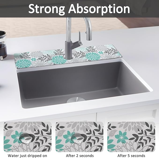 24" X 5.5" Kitchen Sink Splash Guard Faucet Mat Flora Super Absorbent Fast