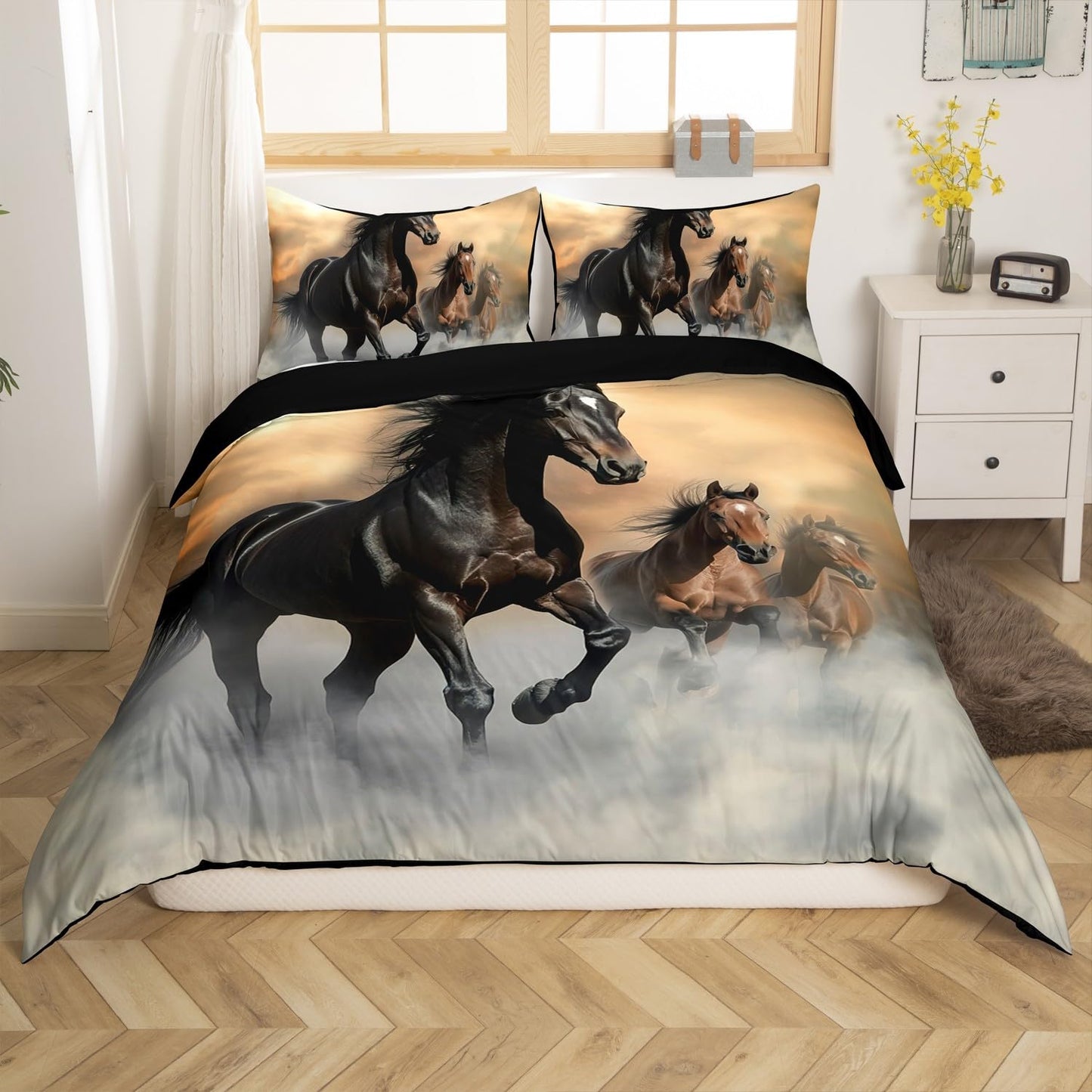Erosebridal 3Pcs Horse Bedding Set Full Size Bedding Duvet Cover Horse Printed Quilt Cover 3D Animal Printed Quilt Cover for Adult Teens Kids Comforter Cover Soft Lightweight Duvet Cover Set