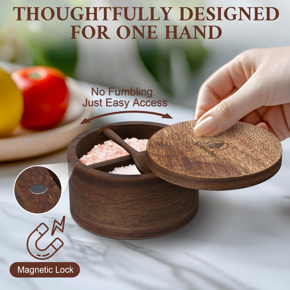 Vorisebo Acacia Wood Salt Container with Built-in Spoon, Elegant Salts Holder with Magnetic Swivel Lid, Salt Box for Kitchen to Storage Pepper, Spice or Favorite Seasonings, 5OZ (Two Compartments)