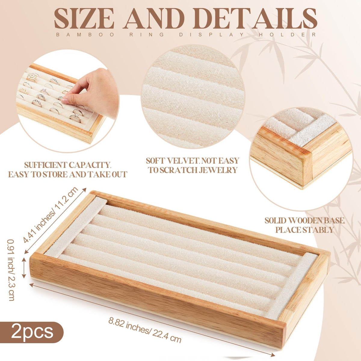 Novabright 2 Pcs Bamboo Ring Holder, 5 Slot Rings Display Tray Stand, Jewelry Rings Earrings Tray Storage Organizer for Selling Retail Exhibitions (Beige)