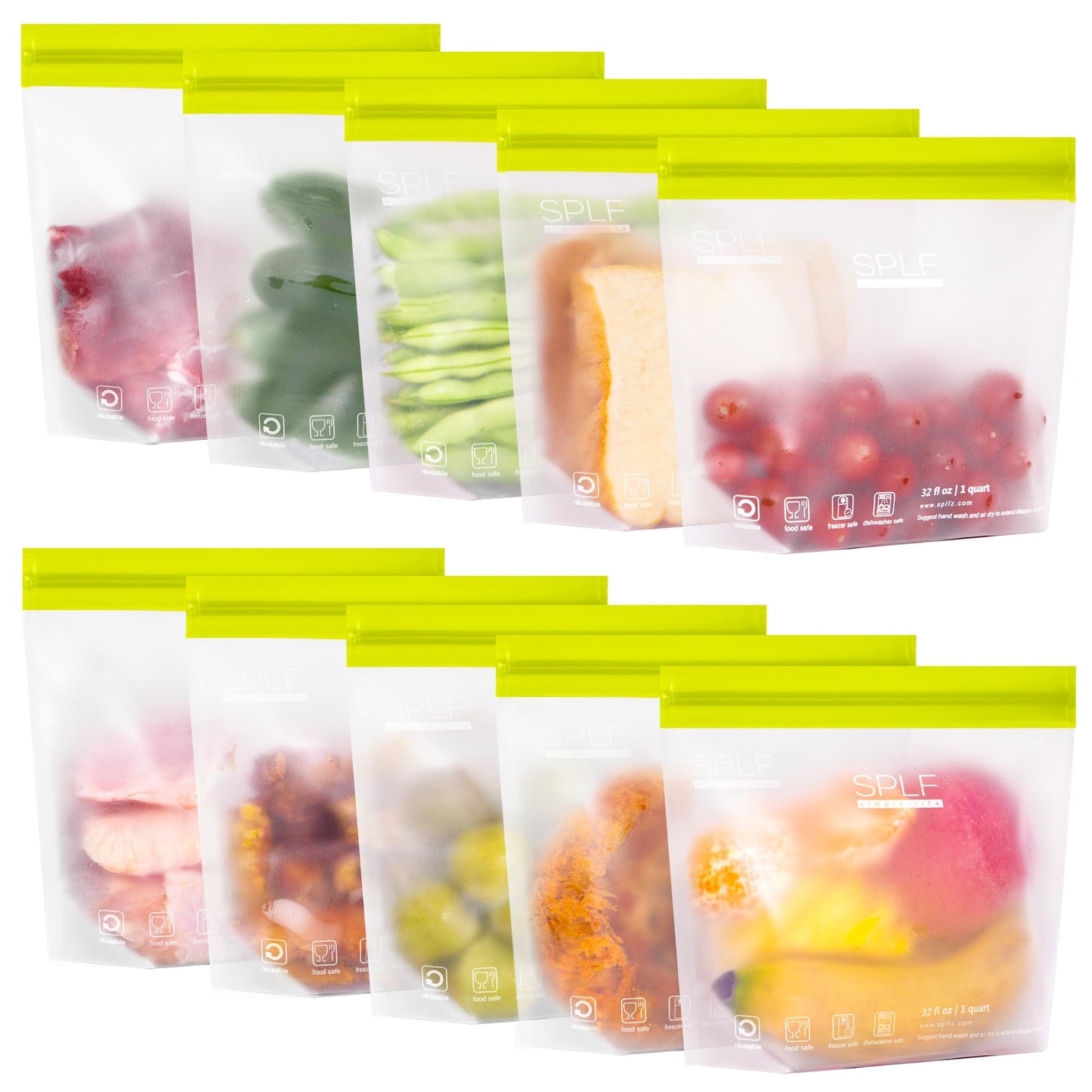 SPLF 10 Pack Stand-Up Reusable Food Storage Bags Dishwasher Safe, BPA Free Reusable Freezer Bags, Extra Thick Leakproof for Meal Prep, Sandwich, Bread, Veggies - 3 Gallon 4 Quart 3 Snack