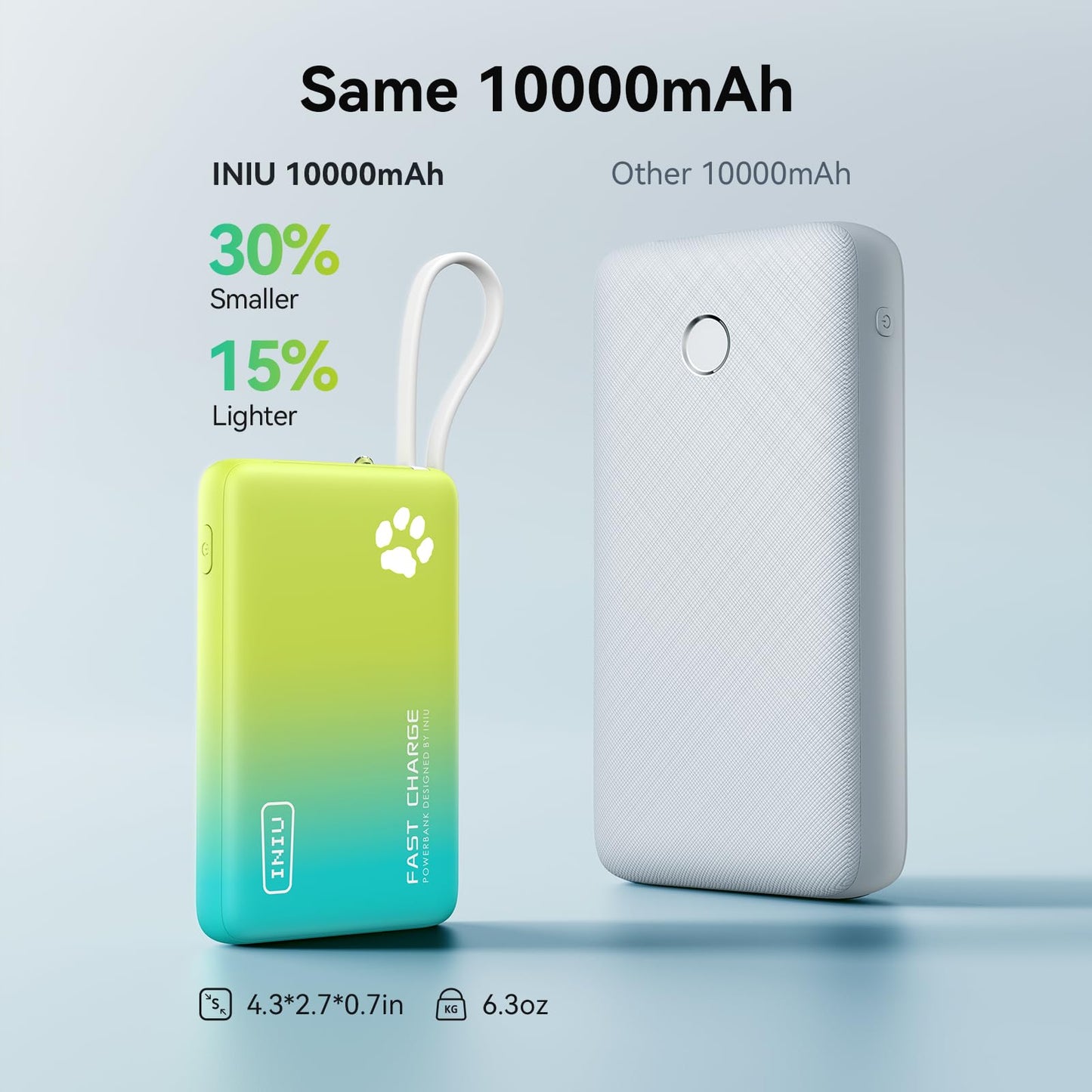 INIU 45W Portable Charger, 10000mAh Built-in USB C Cable Fast Charging Power Bank, Small Type C Battery Pack, Powerbank for iPhone 17 16 15 14, iPad, Samsung S25 S24 etc. Travel Camping Essentials