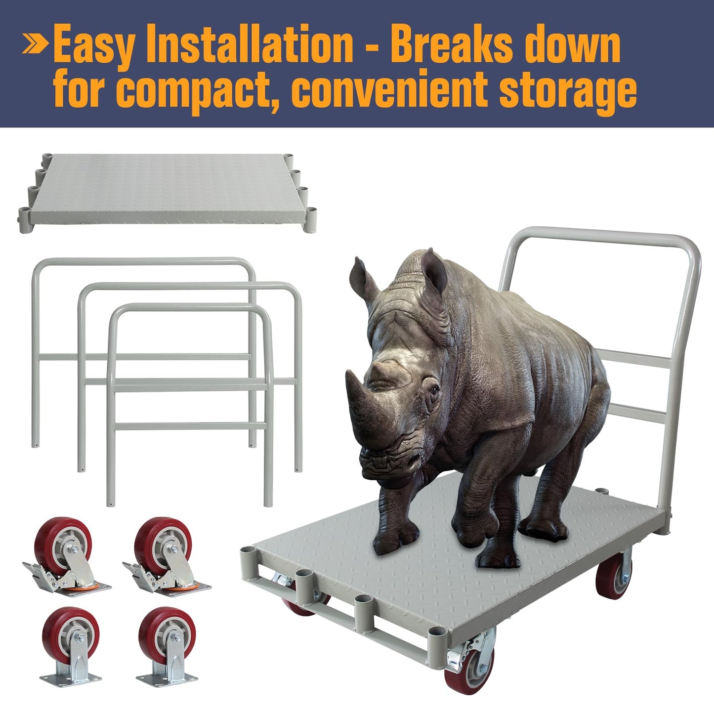 Steel Panel Truck Cart, Platform Truck, Heavy Duty Lumber Drywall Dolly, Flatbed with 2500 Lbs Capacity and 4 Swivel Casters, 36x24inch Steel Board with 1Front and 2Side Handrails