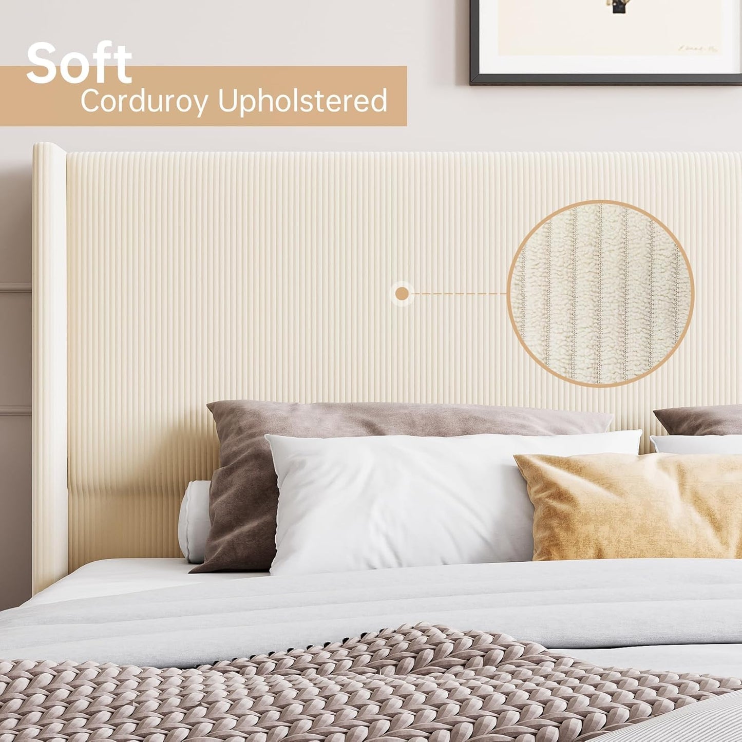 GAOMON Upholstered Bed Frame with Tall Wing-Back Headboard, Queen Size Corduroy Bed Frame with Sturdy Wooden Slats, No Box Spring Needed, Noise Free, Easy Assembly, Beige