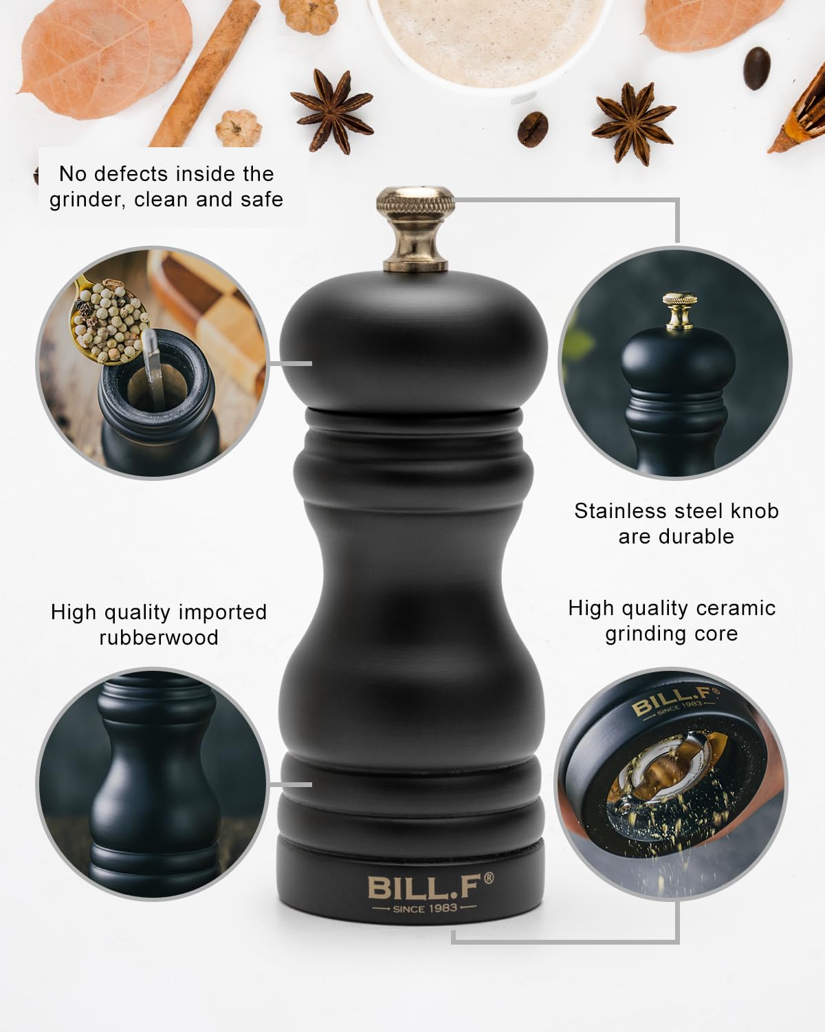 BILL.F Salt and Pepper Grinder Pepper Mill Wood Grinder Pepper Manual Grinders Salt Mill with Adjustable Ceramic Rotor -5.31 Inch Set of 2